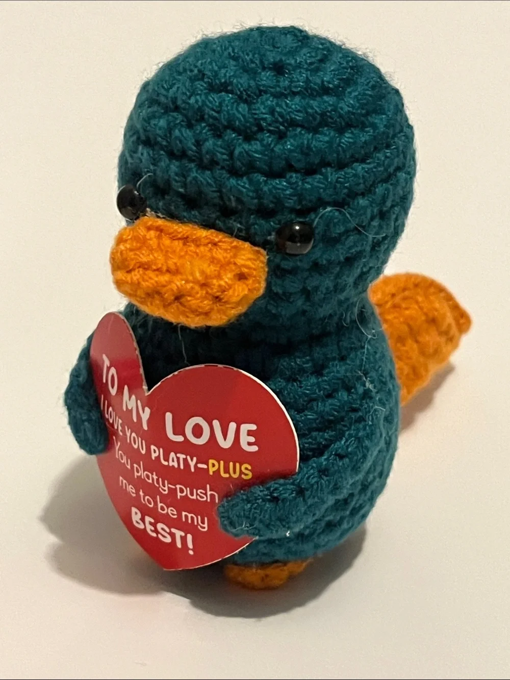 Hand Crafted Teal Plush Bird with Orange Beak and Heart